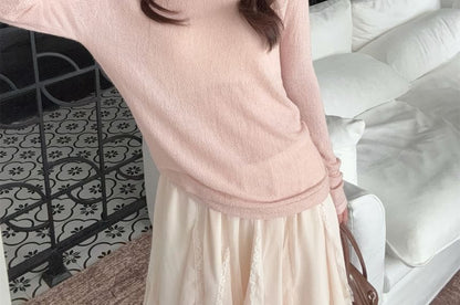 Long-Sleeve Sheer Tee & Lace Trim Ruffle Midi A-Line Skirt Set