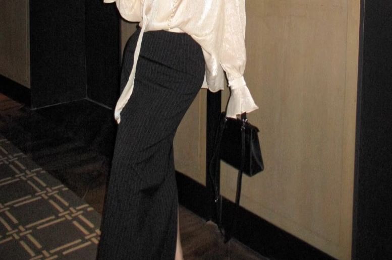 Long-Sleeve V-Neck Blouse & Striped Slit Maxi Pencil Skirt