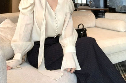 Long-Sleeve V-Neck Blouse & Striped Slit Maxi Pencil Skirt