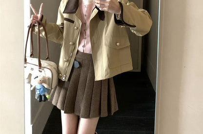 Contrast Collar Barn Jacket & Pleated Mini A-Line Skirt