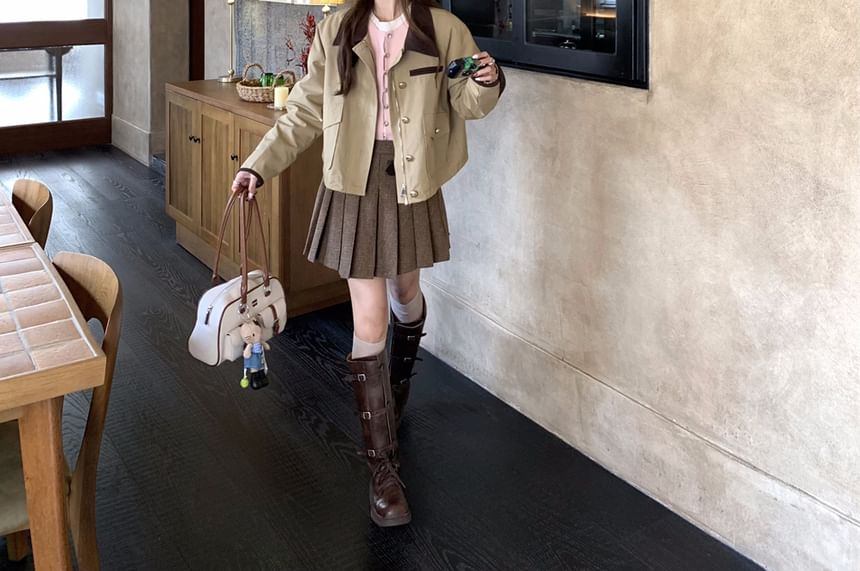 Contrast Collar Barn Jacket & Pleated Mini A-Line Skirt