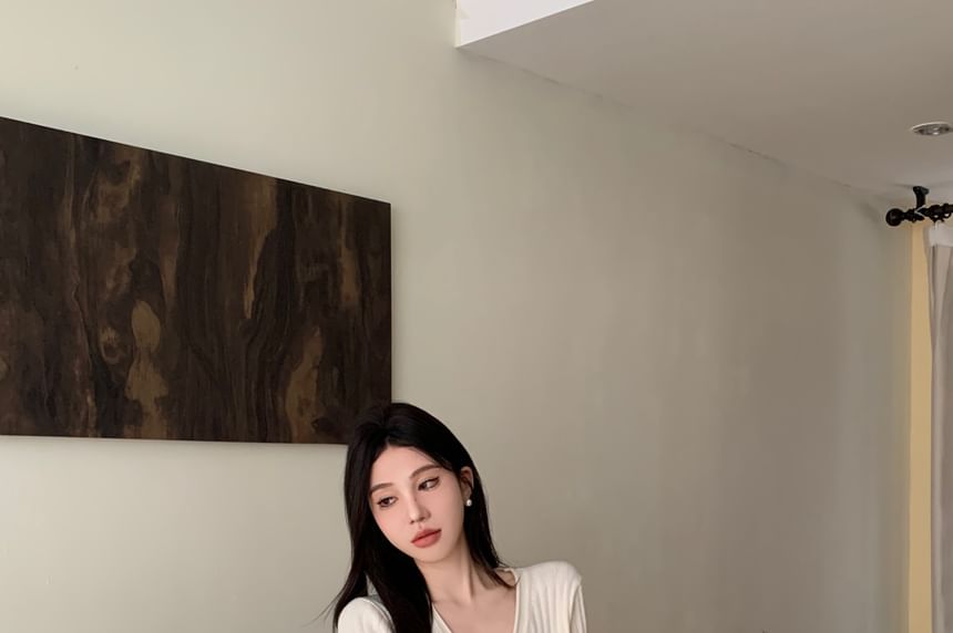 V-Neck Ribbed Button Knit Top & Midi A-Line Knit Skirt Set