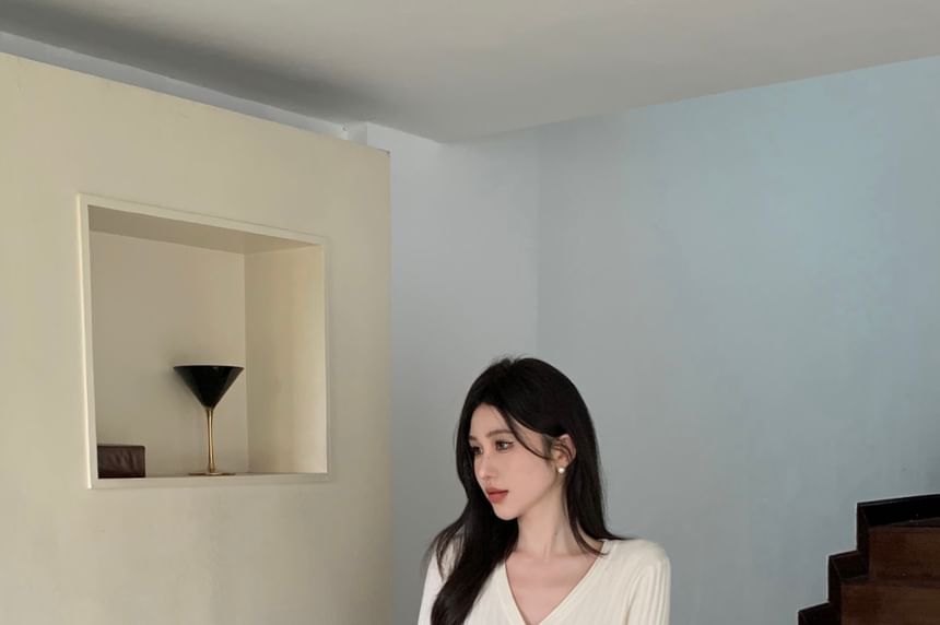 V-Neck Ribbed Button Knit Top & Midi A-Line Knit Skirt Set