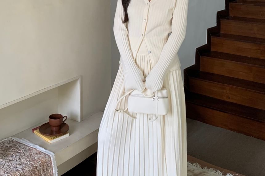V-Neck Ribbed Button Knit Top & Midi A-Line Knit Skirt Set