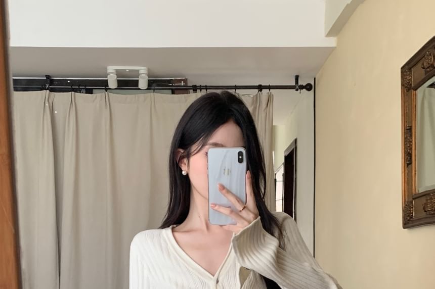 V-Neck Ribbed Button Knit Top & Midi A-Line Knit Skirt Set