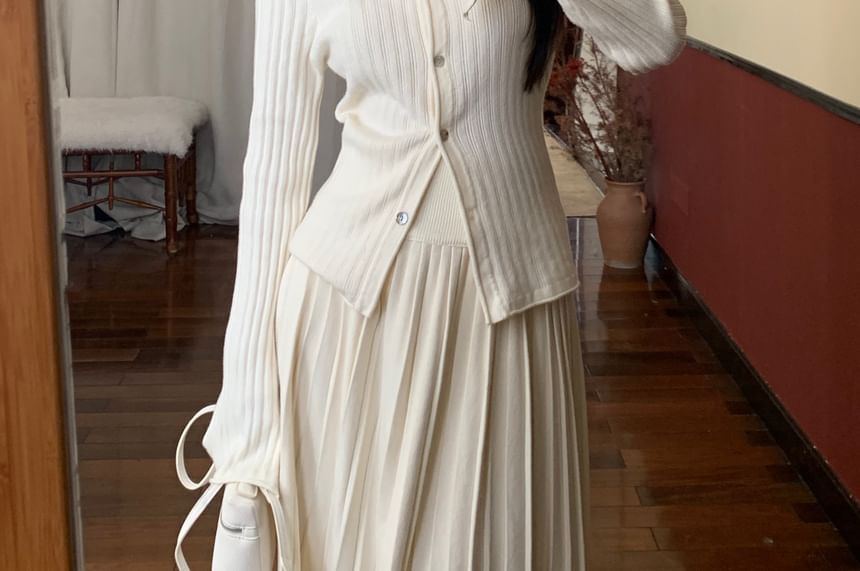 V-Neck Ribbed Button Knit Top & Midi A-Line Knit Skirt Set