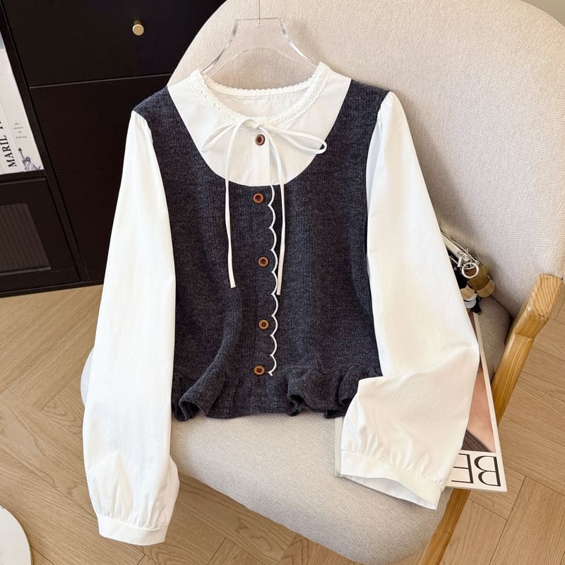 Plaid Panel Ruffle-Trim Round-Neck Long-Sleeve Blouse