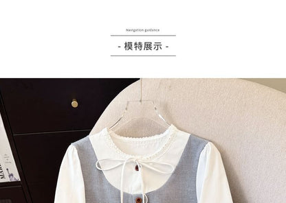 Plaid Panel Ruffle-Trim Round-Neck Long-Sleeve Blouse