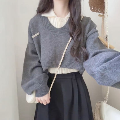 Set: V-Neck Cropped Solid Sweater + Sleeveless Knit Polo