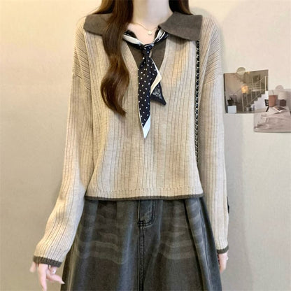 Two-Tone Ribbed Knit Sweater with Collar Detail