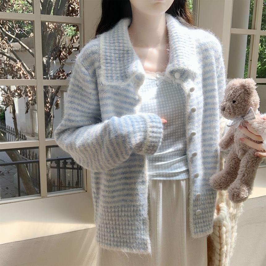 Collar Striped Contrast Trim Cardigan