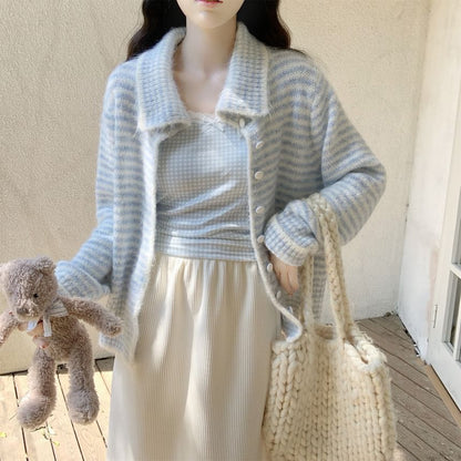 Collar Striped Contrast Trim Cardigan