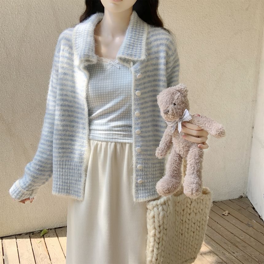 Collar Striped Contrast Trim Cardigan