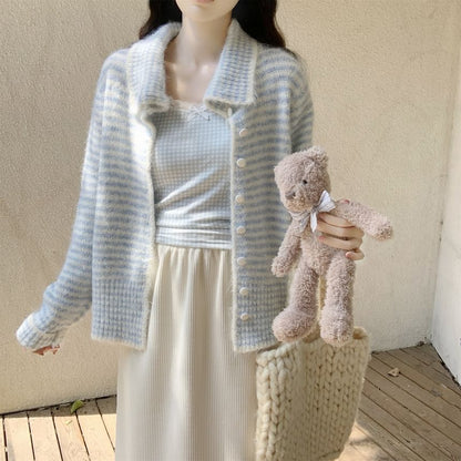 Collar Striped Contrast Trim Cardigan
