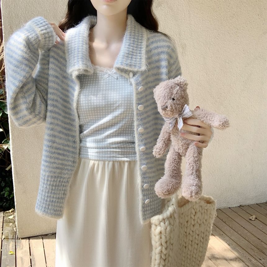 Collar Striped Contrast Trim Cardigan