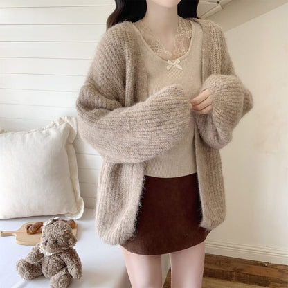 Plain Ribbed Open Front Cardigan