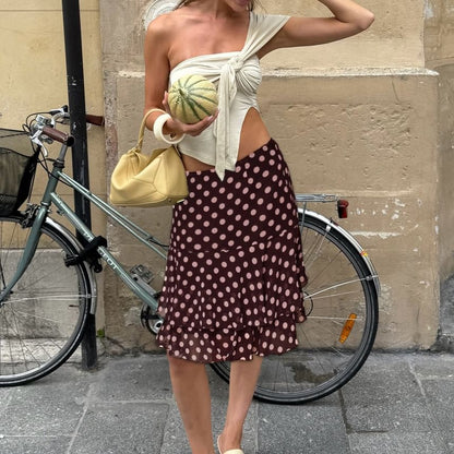 Mid Rise Polka Dot Mesh A-Line Skirt