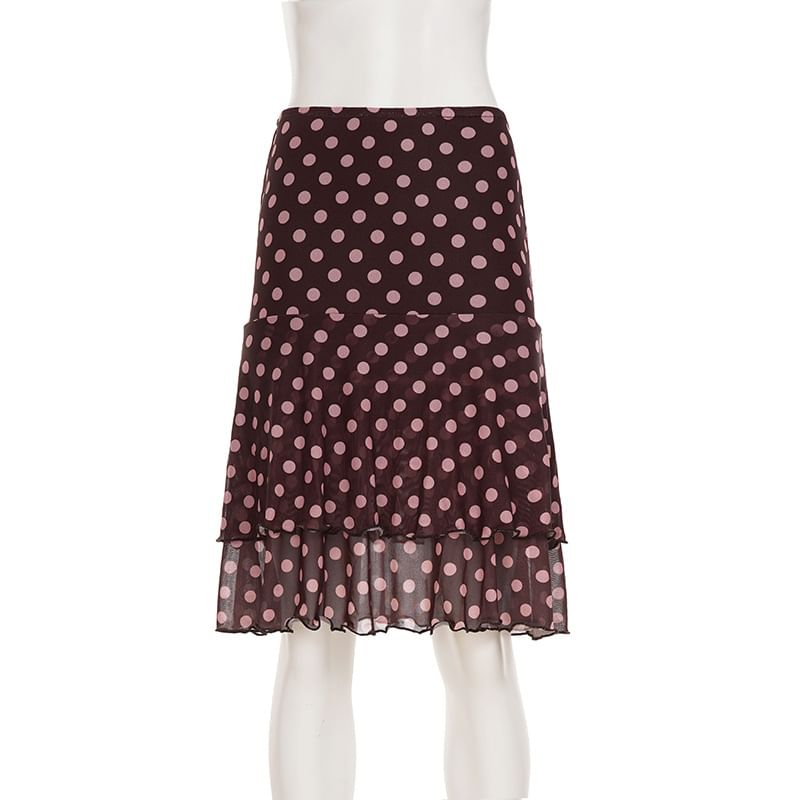 Mid Rise Polka Dot Mesh A-Line Skirt