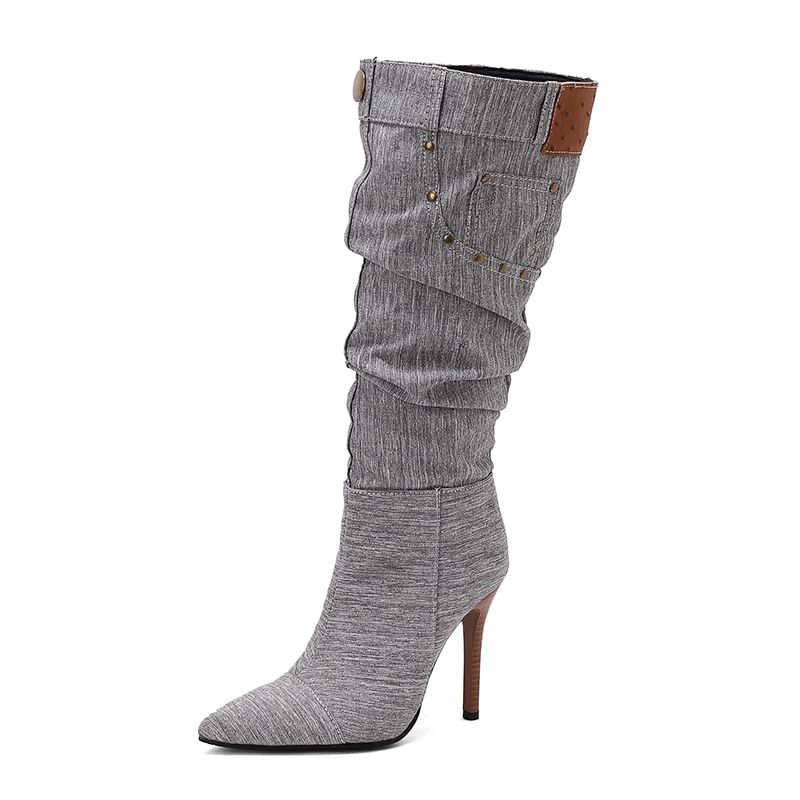 Pointed Toe Studded Panel Denim Stiletto Knee High Boots
