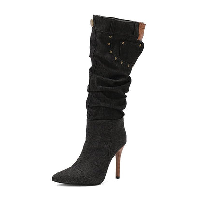 Pointed Toe Studded Panel Denim Stiletto Knee High Boots
