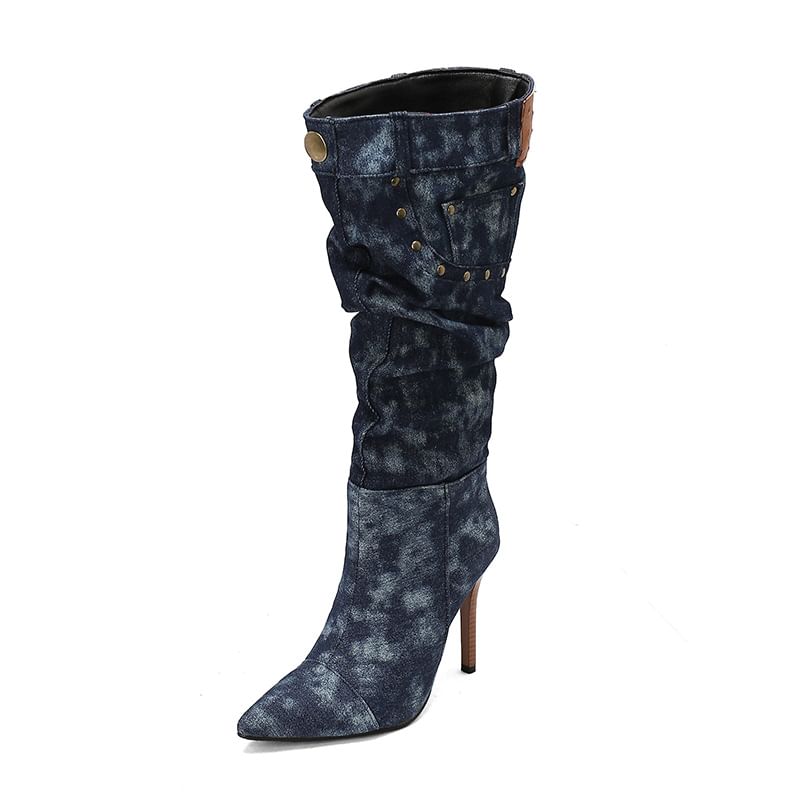 Pointed Toe Studded Panel Denim Stiletto Knee High Boots