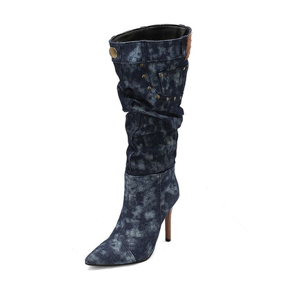 Pointed Toe Studded Panel Denim Stiletto Knee High Boots
