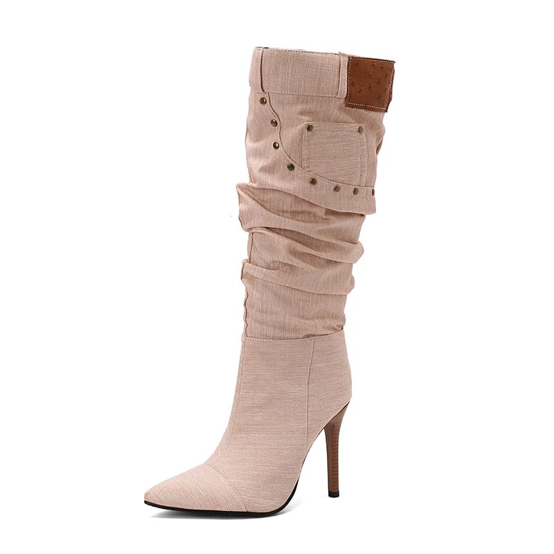 Pointed Toe Studded Panel Denim Stiletto Knee High Boots