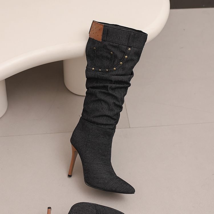 Pointed Toe Studded Panel Denim Stiletto Knee High Boots