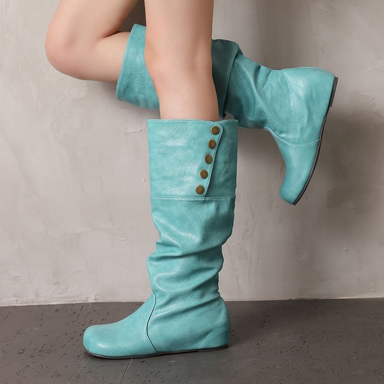 Button Hidden Wedge Knee High Boots