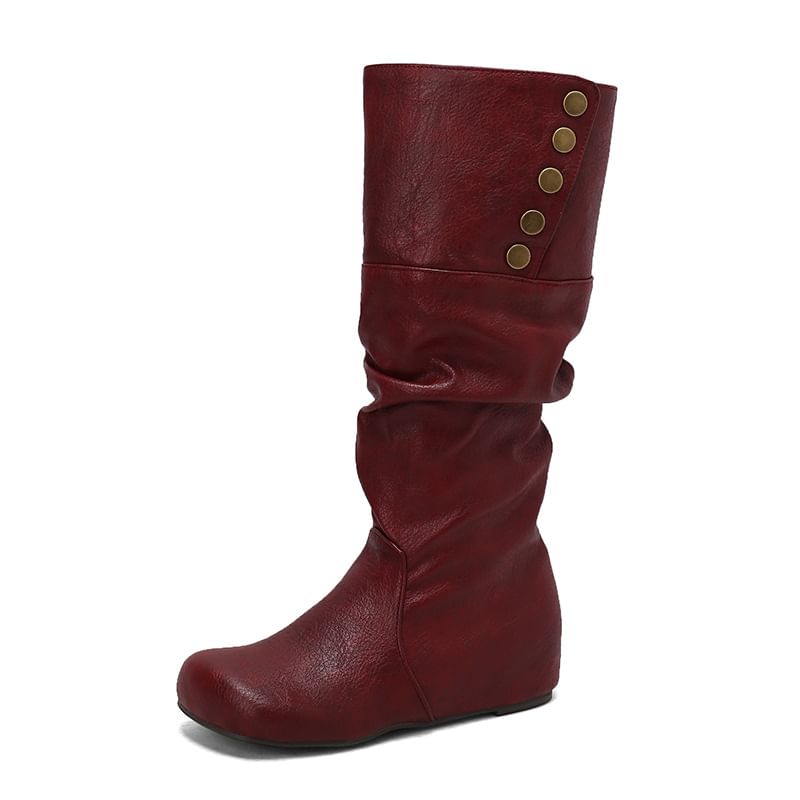 Button Hidden Wedge Knee High Boots