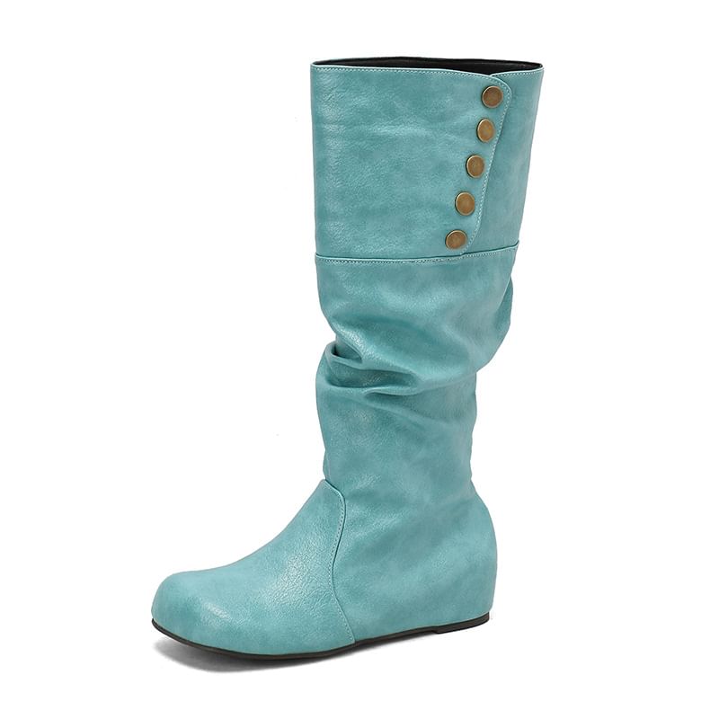 Button Hidden Wedge Knee High Boots