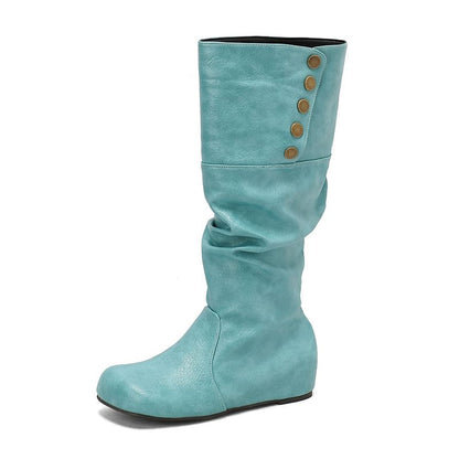 Button Hidden Wedge Knee High Boots