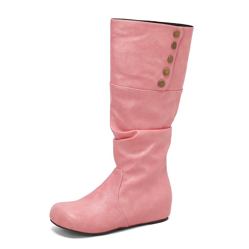 Button Hidden Wedge Knee High Boots