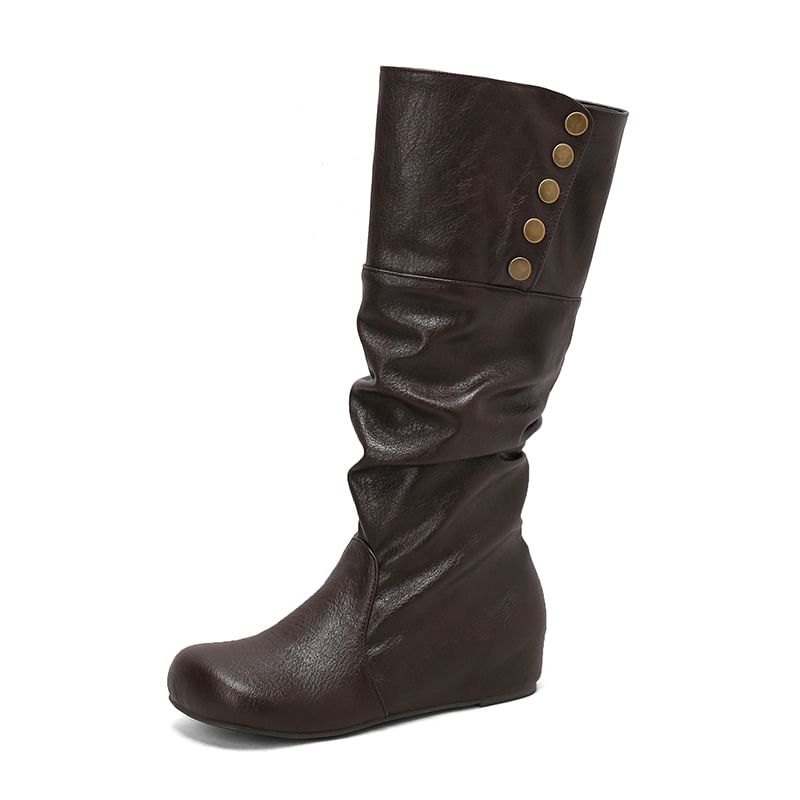 Button Hidden Wedge Knee High Boots