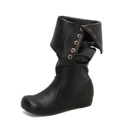 Button Hidden Wedge Knee High Boots