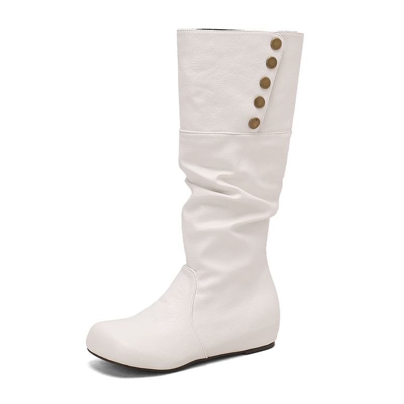 Button Hidden Wedge Knee High Boots