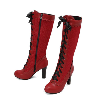 Lace Panel Lace Up High Heel Knee High Boots