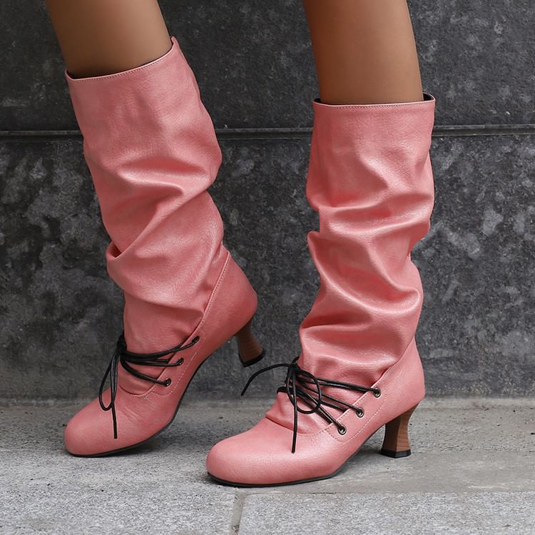 High Heel Lace Up Mid Calf Boots