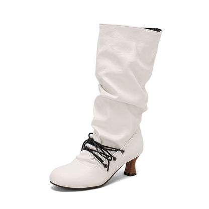High Heel Lace Up Mid Calf Boots