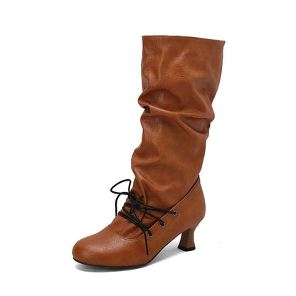 High Heel Lace Up Mid Calf Boots