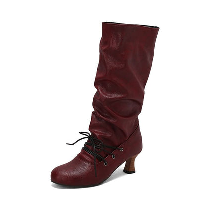 High Heel Lace Up Mid Calf Boots