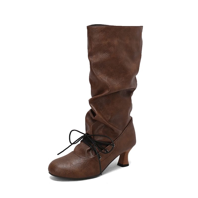 High Heel Lace Up Mid Calf Boots