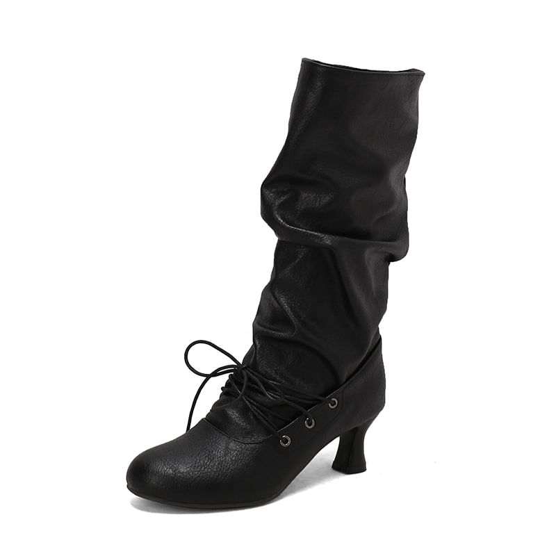 High Heel Lace Up Mid Calf Boots