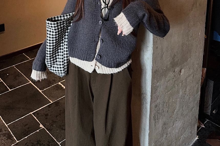 Mock Two-Piece V-Neck Two Tone Cardigan