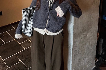 Mock Two-Piece V-Neck Two Tone Cardigan
