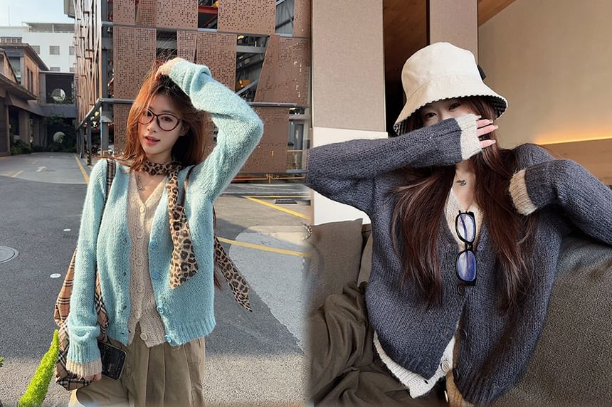 Mock Two-Piece V-Neck Two Tone Cardigan