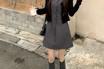 Sleeveless Collar Plain Button Mini A-Line Dress / Cardigan