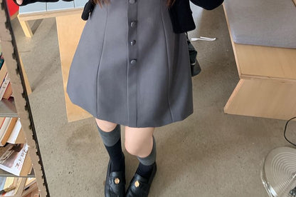 Sleeveless Collar Plain Button Mini A-Line Dress / Cardigan
