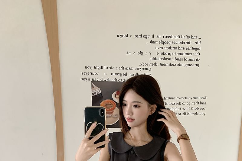 Sleeveless Collar Plain Button Mini A-Line Dress / Cardigan