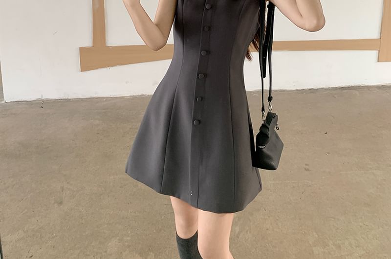 Sleeveless Collar Plain Button Mini A-Line Dress / Cardigan